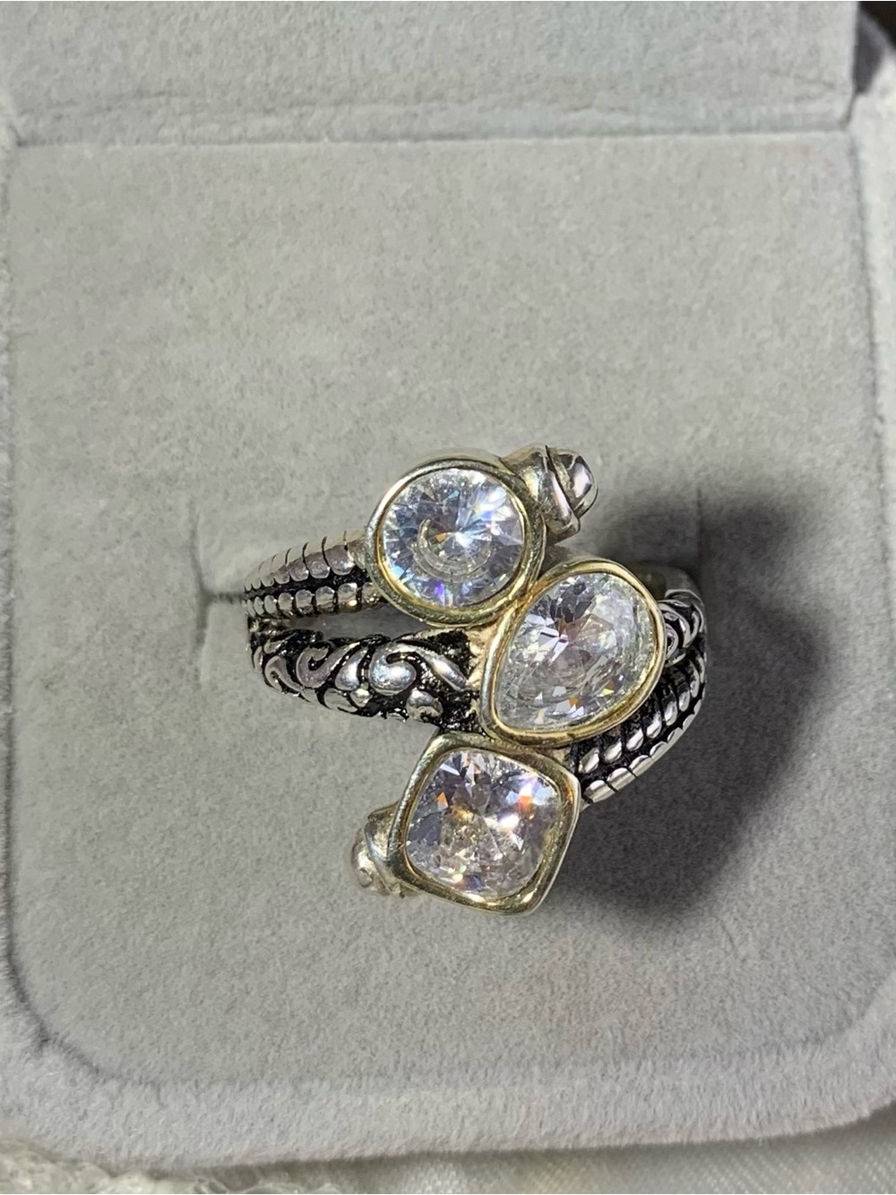 Sterling Silver Wrap Ring with White CZ Stones and Gold Accents size 8